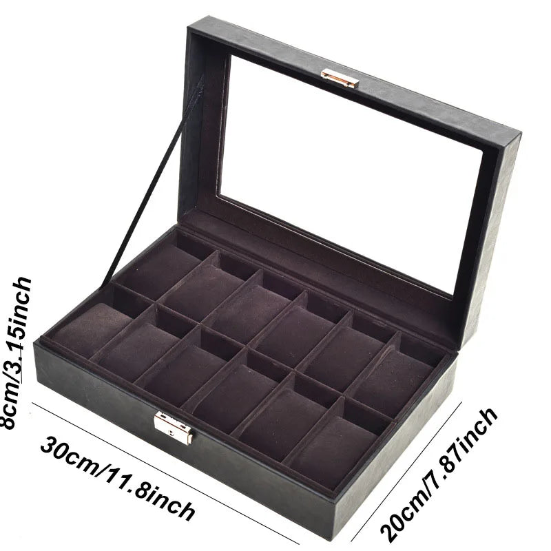 DELESYS PU Leather Watch Box — 2/3/4/5/6/8/10/12 Slot Traditional Style Storage Case with Lock, Gift Watch Organizer