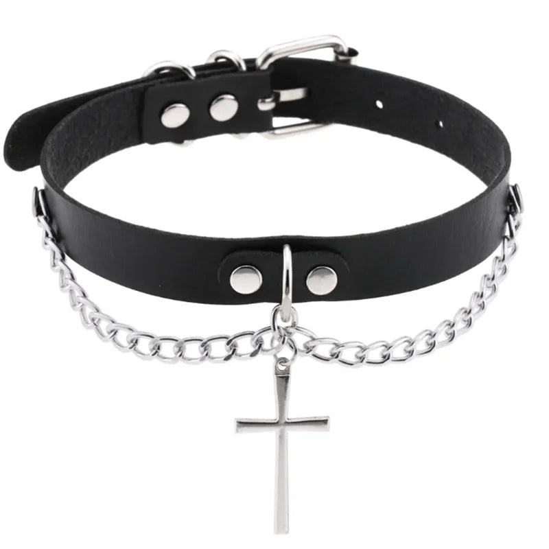 Harajuku Gothic Spike Rivet Star Choker Necklace – Black Bowknot PU Lace Leather Y2K Hip Hop Rock Jewelry for Girls