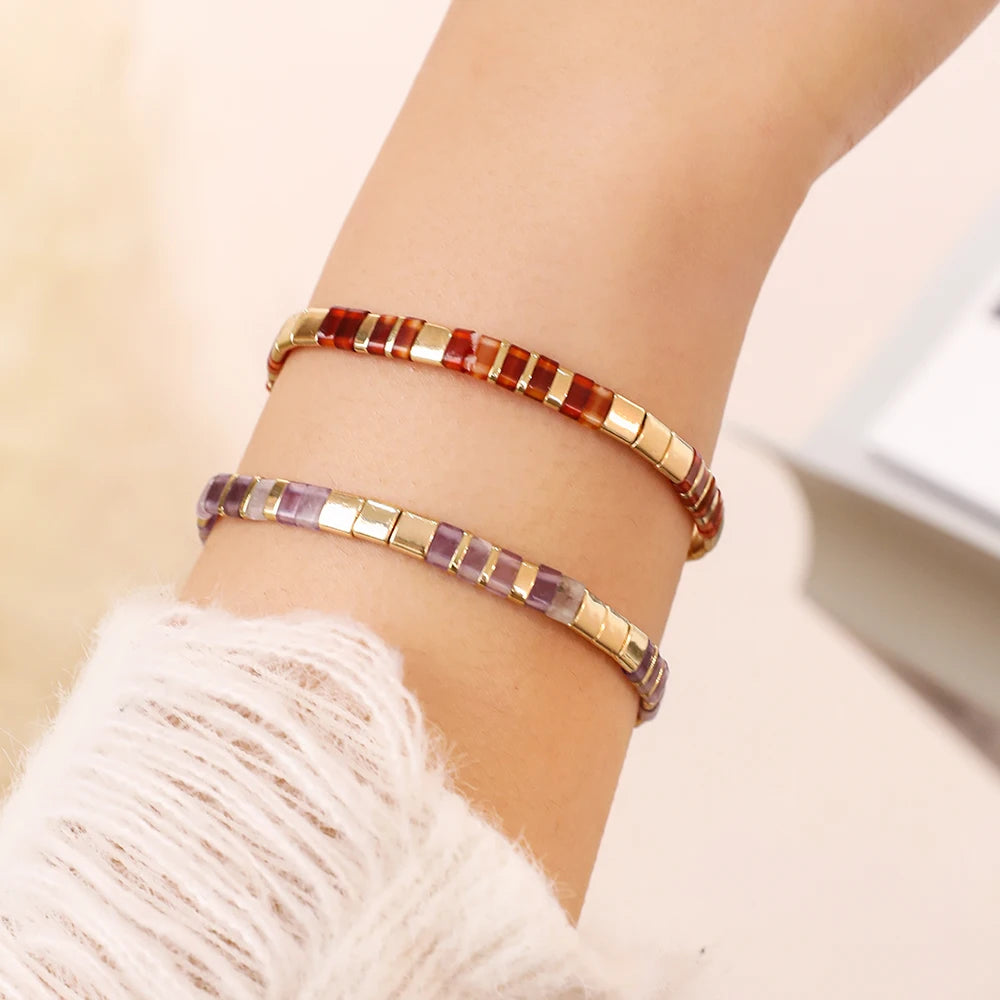 ZMZY Stone Tila Beads Elastic Bracelet for Women – 2025 Fashion Colorful Rainbow Miyuki Tile Bead Jewelry Gift Bracelet