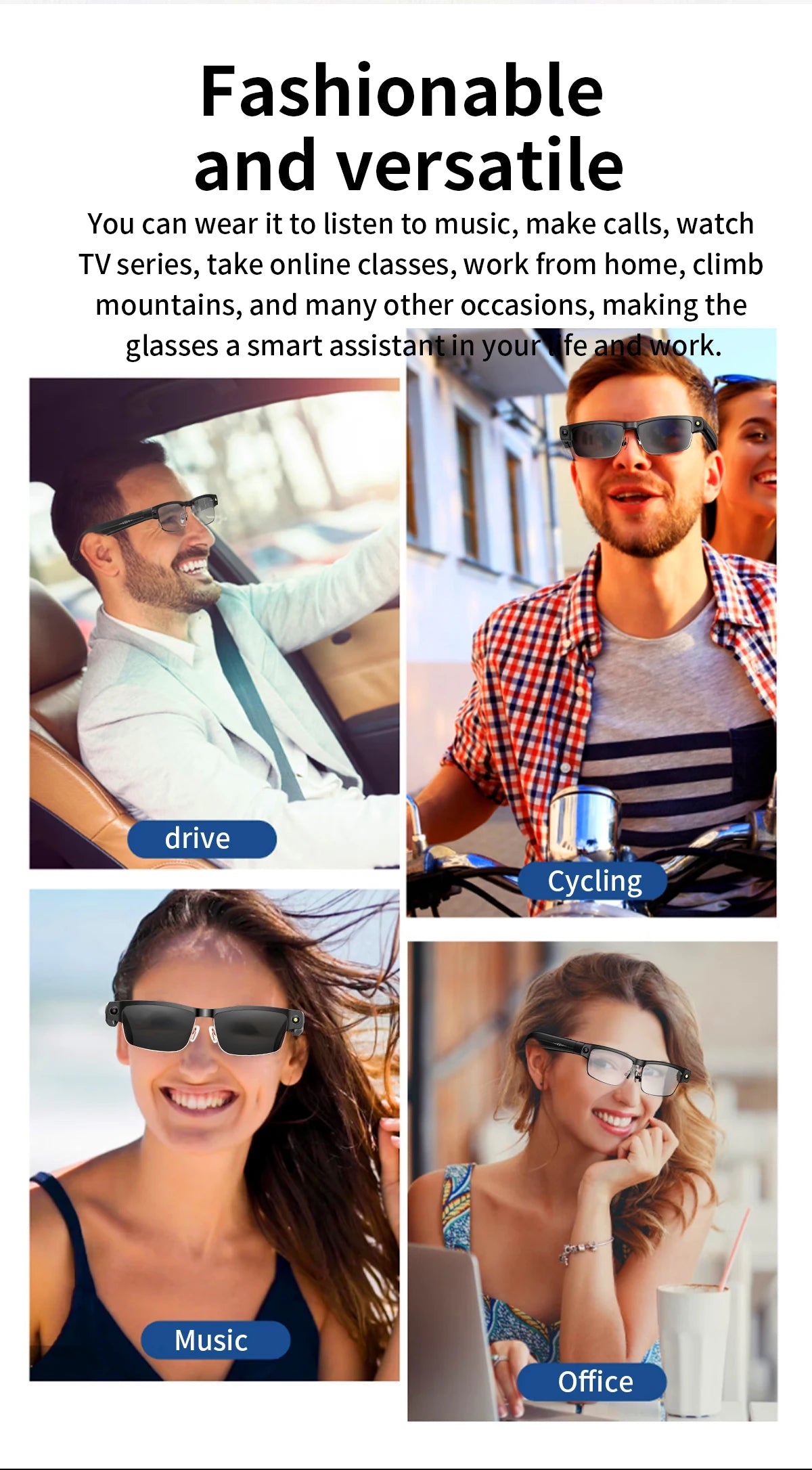 AI Smart Camera Glasses — 8MP with Bluetooth for Calls & Music, Object Recognition, and AI Translation