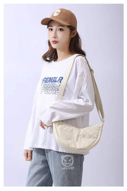 Solid Color Women's Portable Shoulder Bag – Simple Nylon Cloth Padded Crossbody Travel Purse & Messenger Bag
