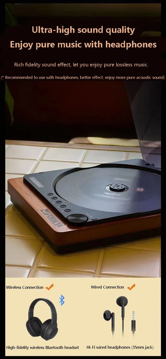 Wooden HIFI CD Player – Bluetooth 5.1, Digital Optical Output, USB Lossless Playback, Infrared Remote Control