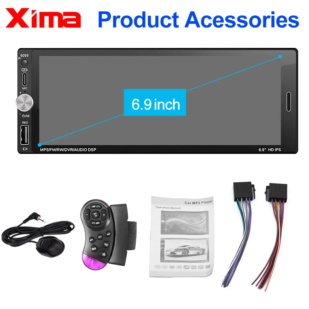 XIMA 6.9-Inch 1Din Car Stereo with Wireless CarPlay - Android Auto, Bluetooth, MP5, FM, USB & IPS Touchscreen