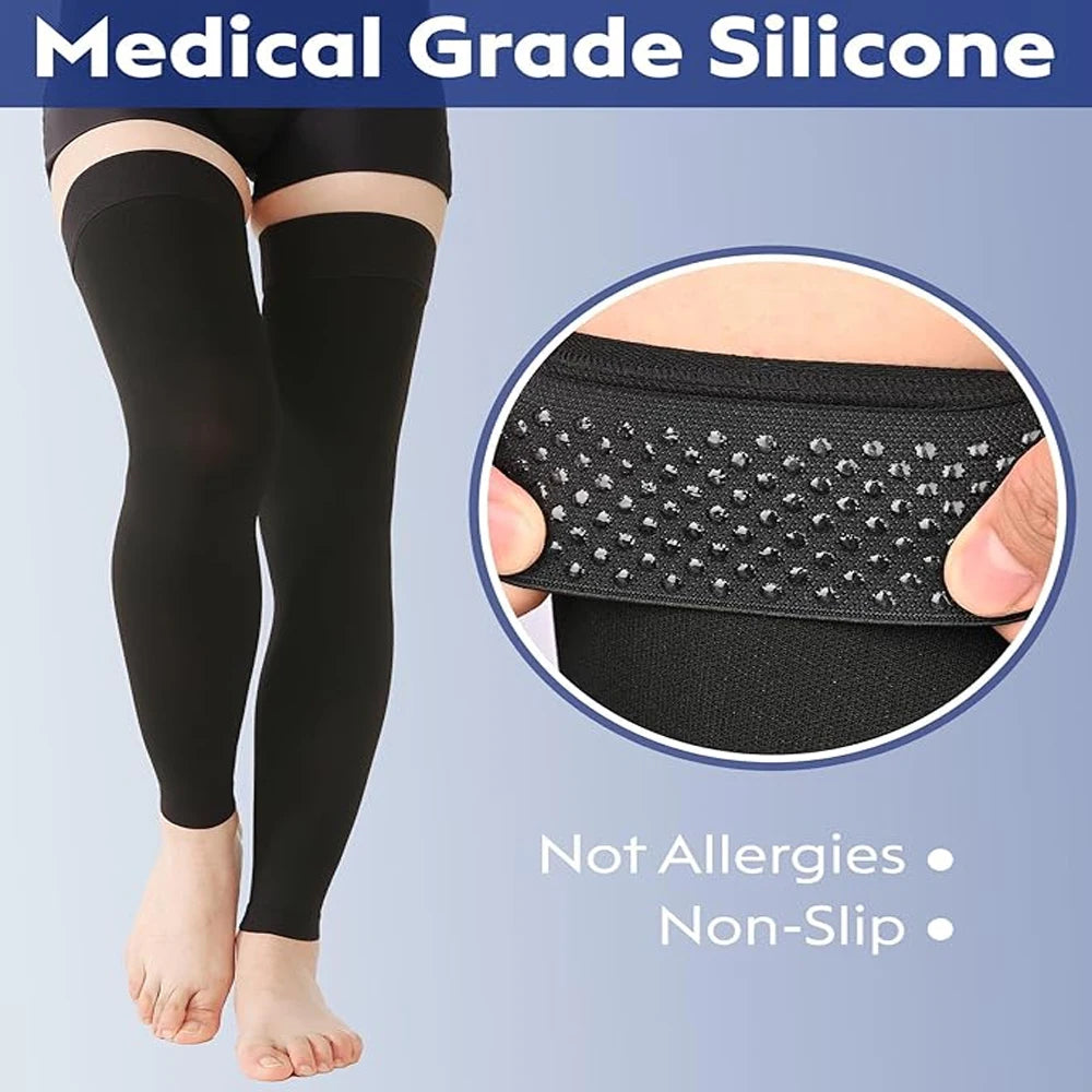 Thigh High Footless Compression Stockings for Men & Women – Silicone Grip Top Firm Support for Varicose Veins, Swelling & Improved Circulation