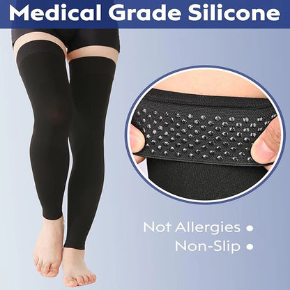 Thigh High Footless Compression Stockings for Men & Women – Silicone Grip Top Firm Support for Varicose Veins, Swelling & Improved Circulation