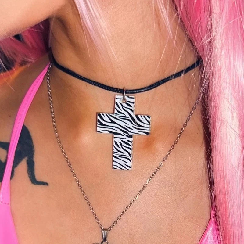 Y2K Leopard Zebra Cross Necklace - Kawaii Goth Punk Acrylic Jewelry for Women