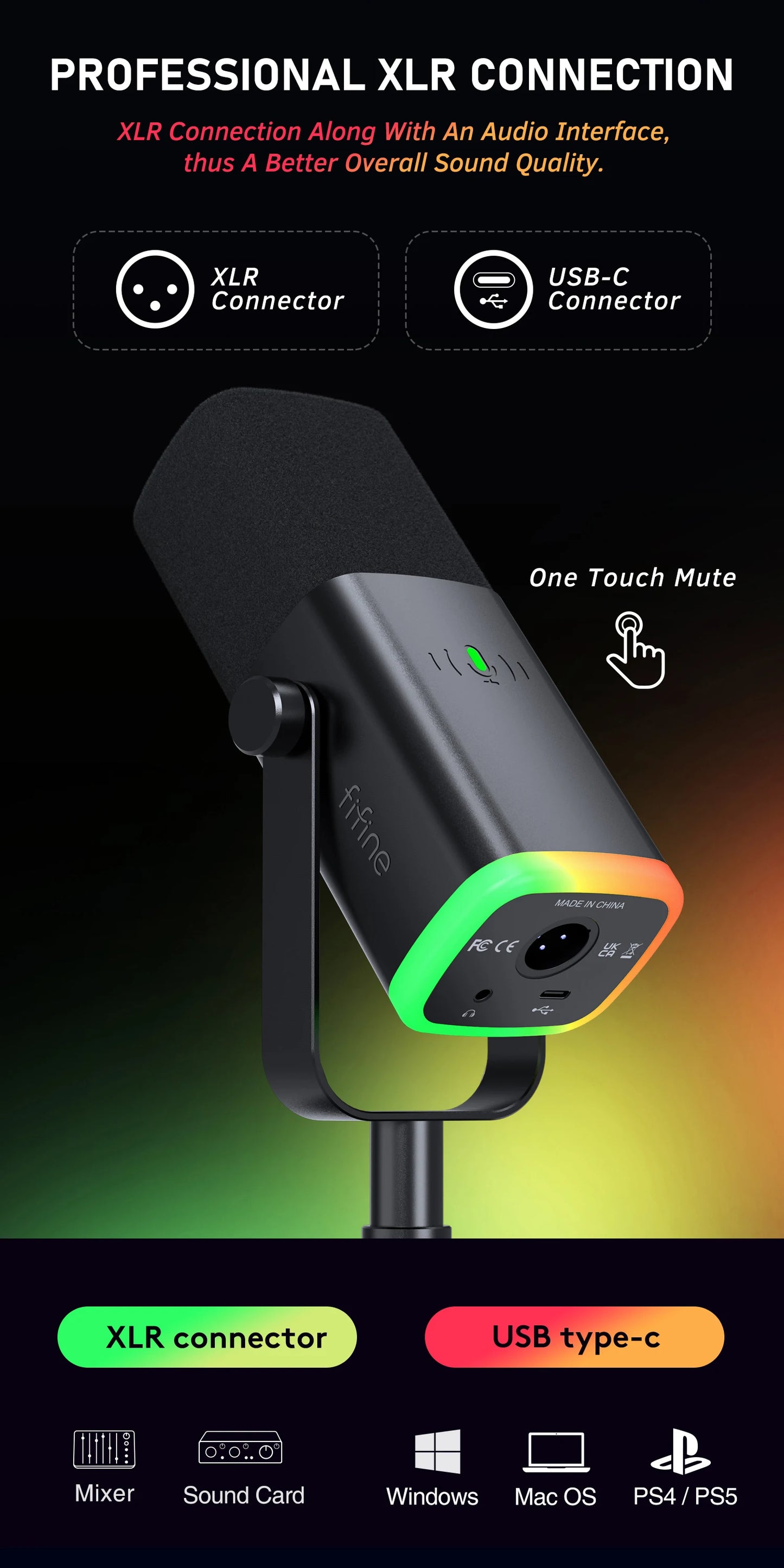 FIFINE AM8 USB/XLR Dynamic Microphone with Touch Mute, Headphone Jack & I/O Controls for PC, PS5/PS4, Gaming & Mixer