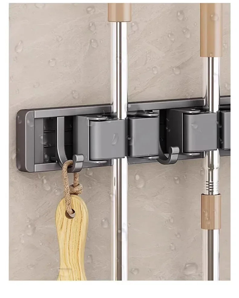 Wall-Mounted Mop & Broom Organizer — Strong Mop Holder Rack with 5 Hooks for Hanging Brooms and Cleaning Tools