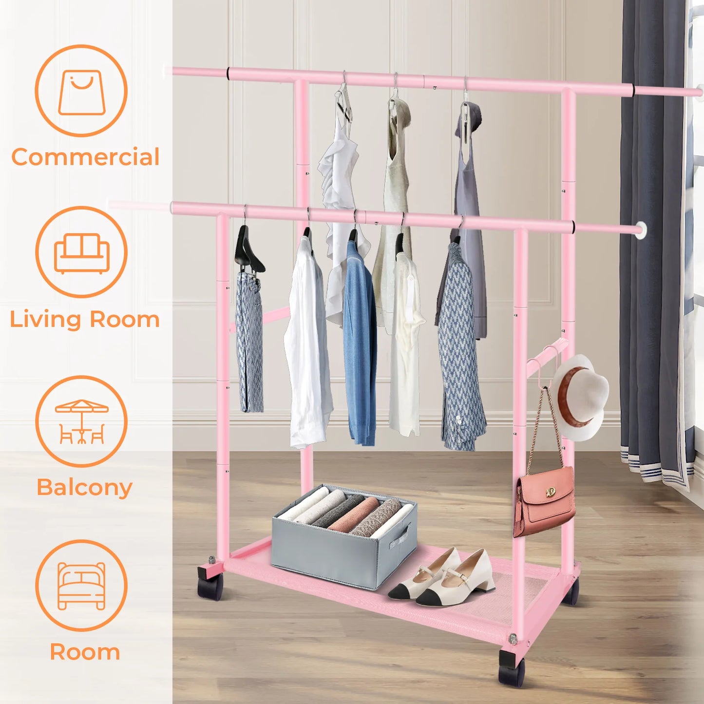 Pink Twin-Pole Rolling Clothes Rack with Net Shelf – Cute Metal Garment Rack, Strong Load-Bearing Storage