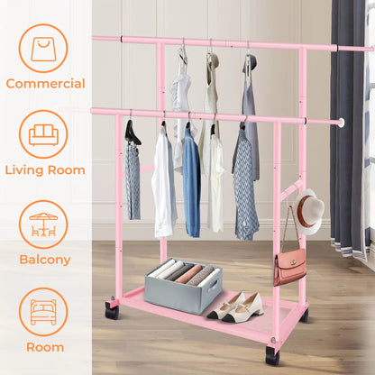 Pink Twin-Pole Rolling Clothes Rack with Net Shelf – Cute Metal Garment Rack, Strong Load-Bearing Storage