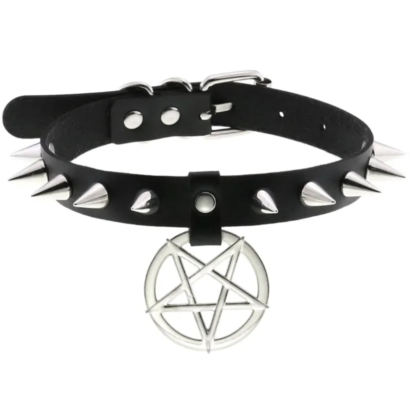 Harajuku Gothic Spike Rivet Star Choker Necklace – Black Bowknot PU Lace Leather Y2K Hip Hop Rock Jewelry for Girls