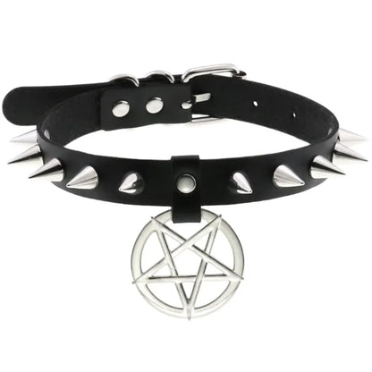 Harajuku Gothic Spike Rivet Star Choker Necklace – Black Bowknot PU Lace Leather Y2K Hip Hop Rock Jewelry for Girls