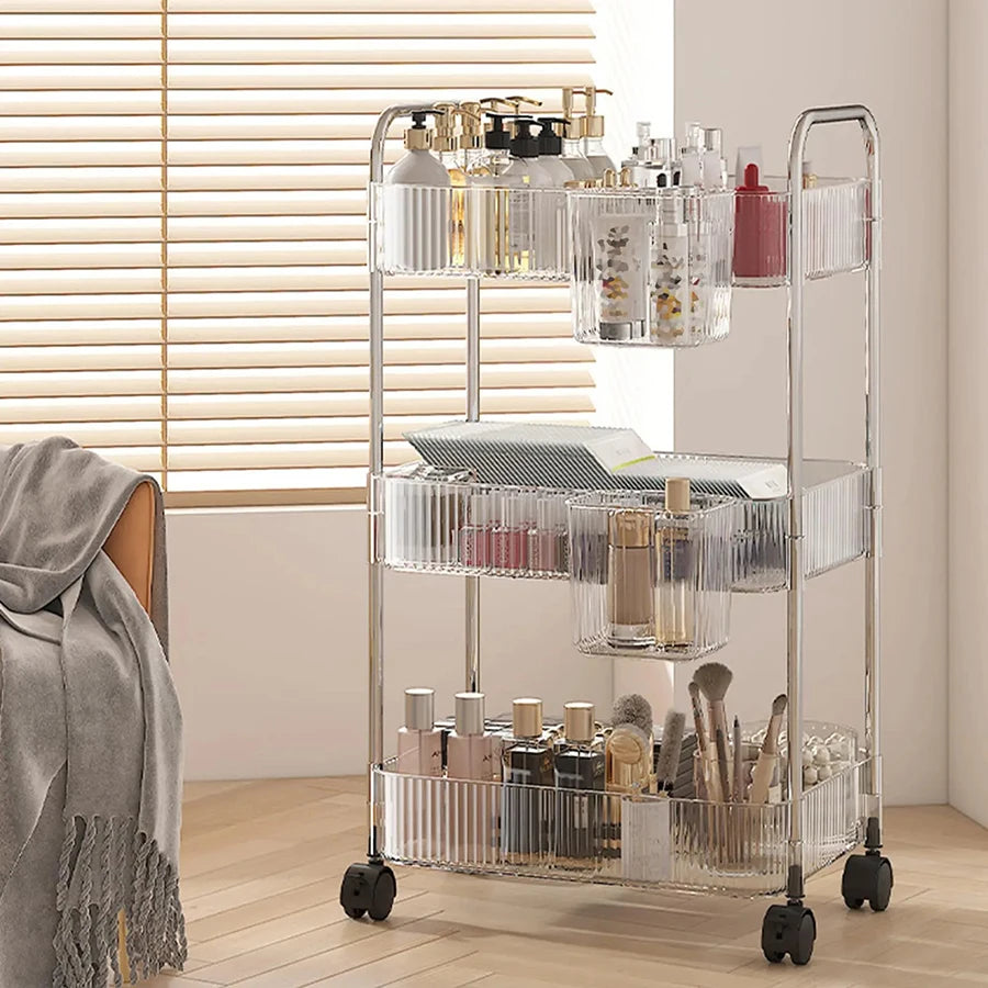 Transparent Acrylic Rolling Storage Cart - 2/3/4-Tier Trolley with Removable Hanging Baskets