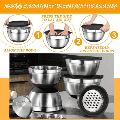 17pcs Stainless Steel Mixing Bowl Set with Lids and Grater Attachment – Non-Slip Kitchen Gadget for Mixing and Serving