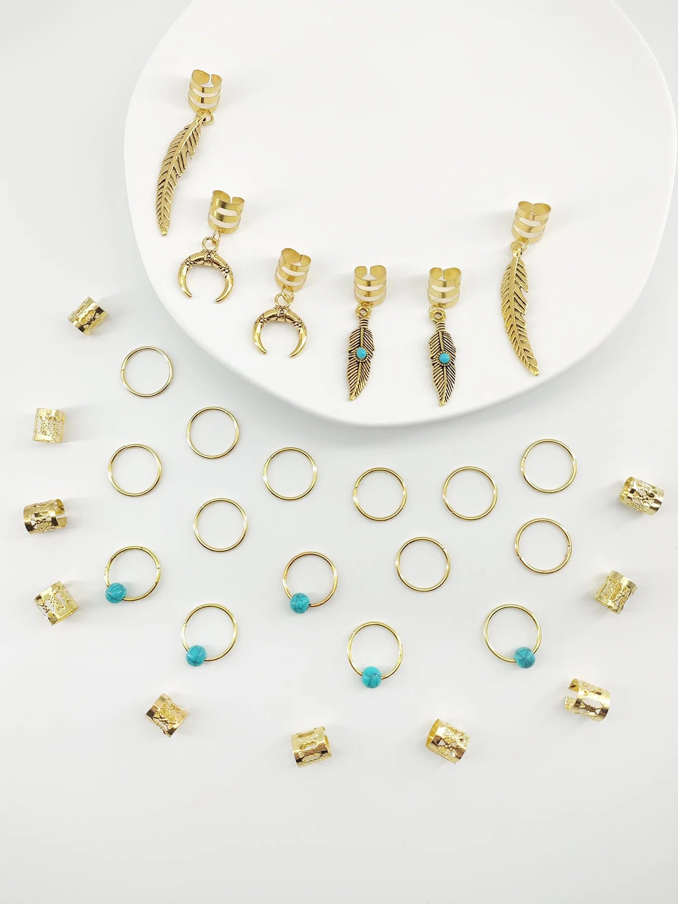 31PCS Turquoise Hollow-Out Hair Rings — Dreadlock & Braid Beads, Hair Braid Tubes Charm Jewelry for Styling
