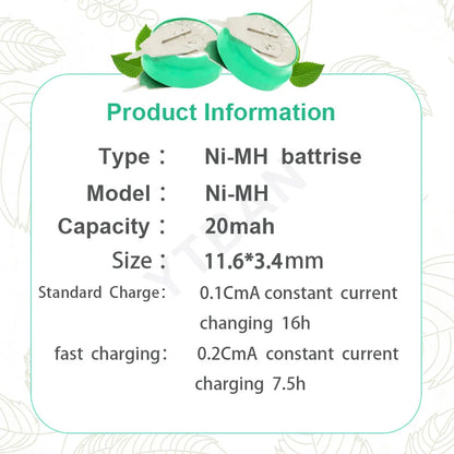1.2V 20mAh Ni-MH Rechargeable Button Cell Battery with Welding Pins - Coin Battery for Toys, Timers and Solar-Powered Electronics