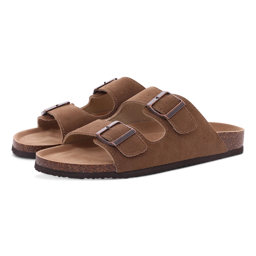 Comwarm Men's Cork Footbed Slide Sandals - Arch Support, Adjustable Buckle & Leather Summer Casual Slides