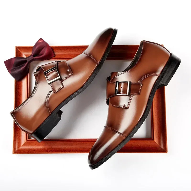 Men’s Genuine Cow Leather Monk Strap Shoes - Single Buckle Cap Toe Business & Wedding Dress Shoes