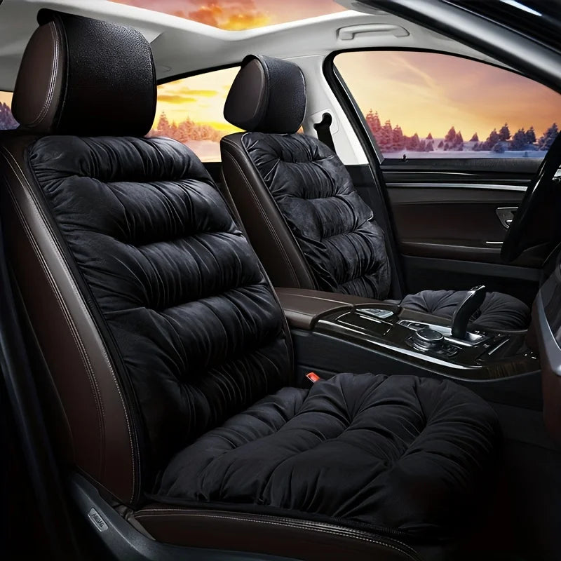 Quilted Plush Car Seat Cushion - Thick Padded Front Seat Protector with Headrest Cover
