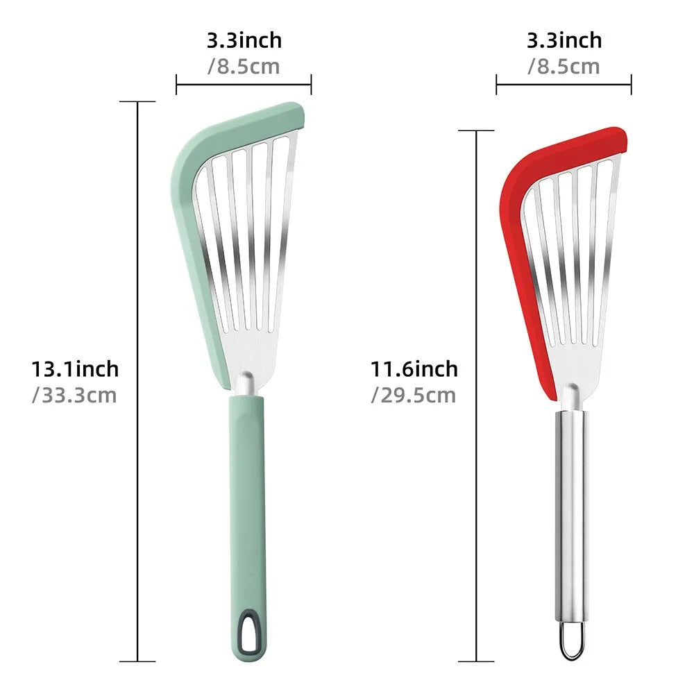 Silicone-Edged Fish Spatula - Stainless Steel, Heat-Resistant, Slotted Turner for Cooking