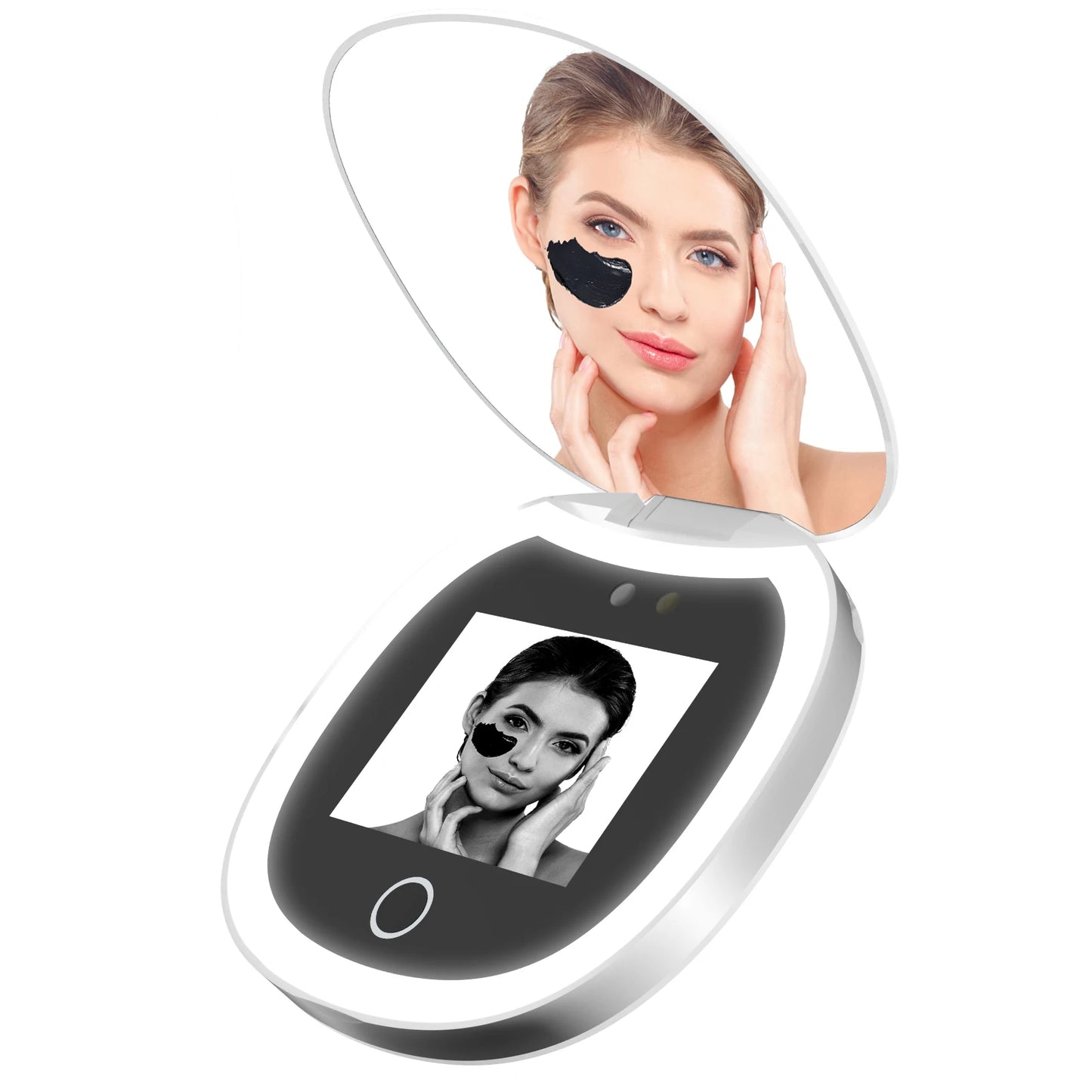 Travel Compact UV Mirror with Camera & LED Lights – 2X Magnification Makeup Mirror for Facial Sunscreen Check