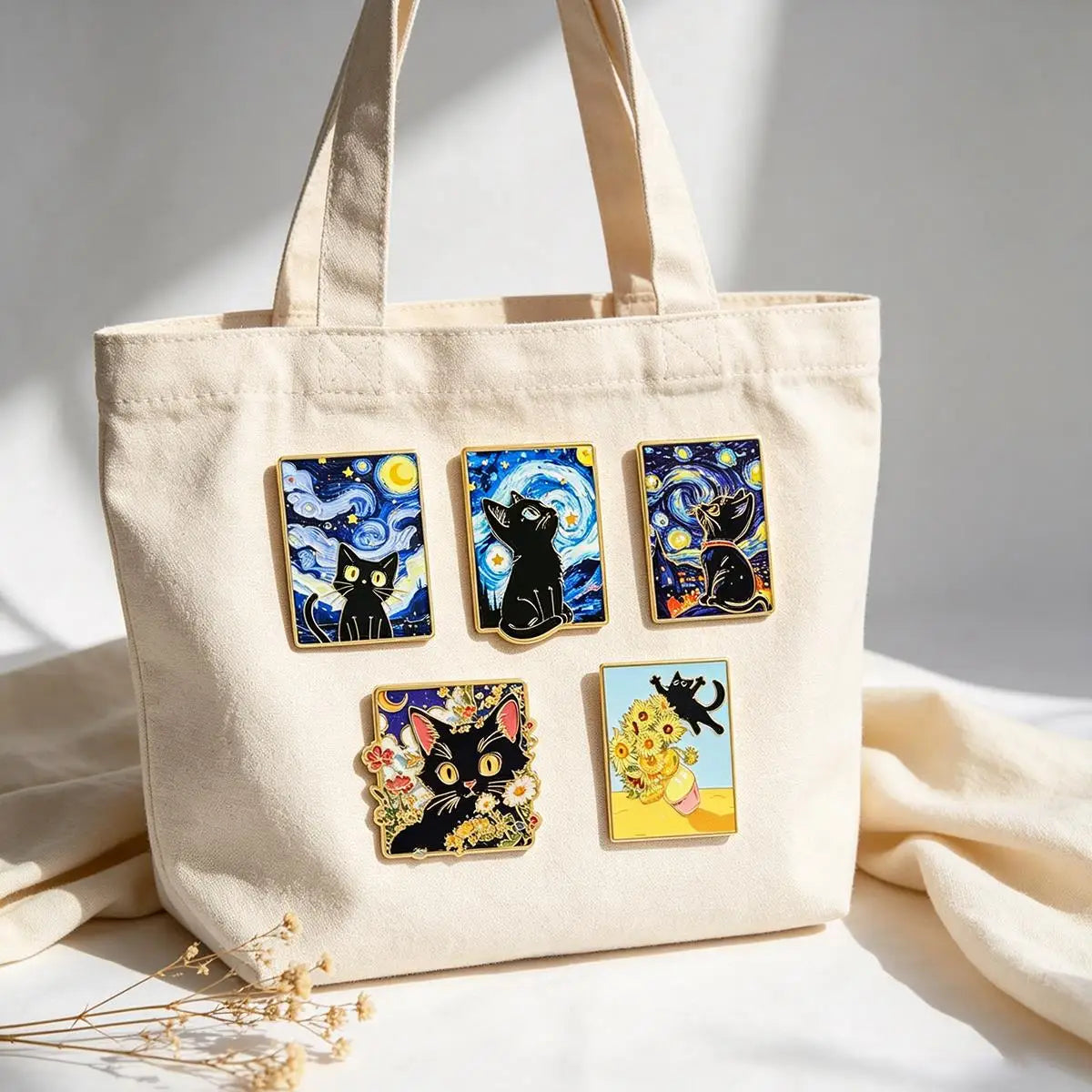 5-Piece Van Gogh Art Black Cat Enamel Pin Set - Cartoon Metal Brooches for Backpacks, Clothing, and Art Lovers’ Gifts