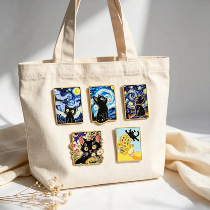 5-Piece Van Gogh Art Black Cat Enamel Pin Set - Cartoon Metal Brooches for Backpacks, Clothing, and Art Lovers’ Gifts
