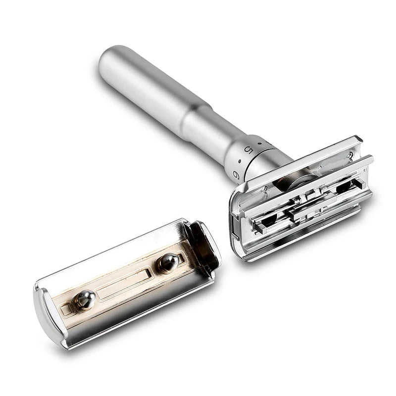 Mingshi Adjustable Safety Razor – Double Edge Classic Men’s Shaver with 1-6 Mild to Aggressive Settings and 5 Blades