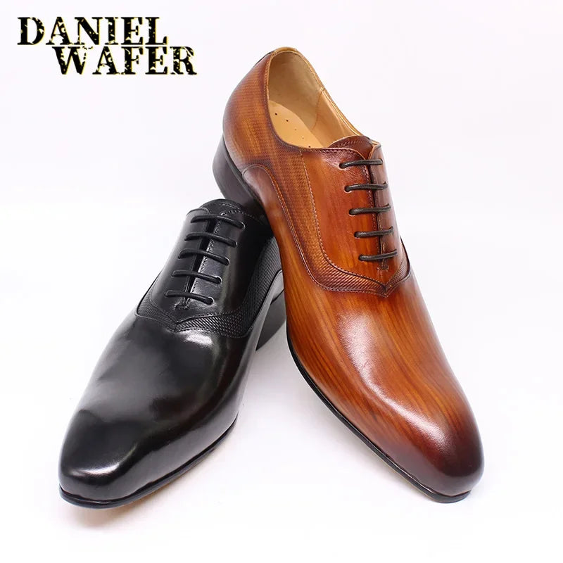 Luxury Men’s Genuine Leather Oxford Shoes - Handmade Pointed Toe Lace-Up Wedding & Formal Dress Shoes
