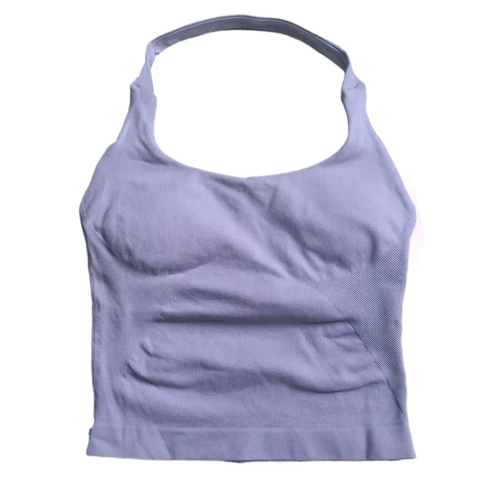 Women’s Strappy Gym Tank Top – Padded Sports Bra Backless Seamless Yoga Crop Top Halter Fitness Vest Activewear