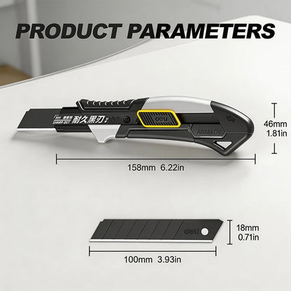 Pro Aluminum Utility Knife 18mm - SK2 Black Blade Heavy-Duty Box Cutter with 10 Replacement Blades