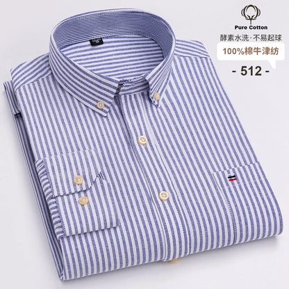 Men's 100% Cotton Oxford Plaid Shirt - Soft Regular Fit Long Sleeve Formal Dress Shirt with Pocket S-7XL