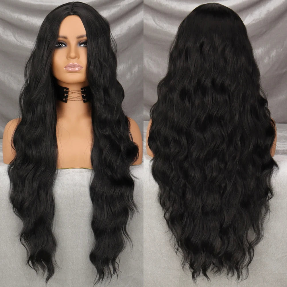 Long Wavy Green Synthetic Wig – Heat-Resistant Women's Cosplay, Party, Lolita Style, Half Part, Red/Black/Pink
