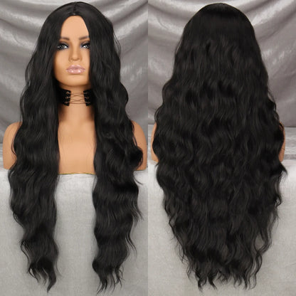 Long Wavy Green Synthetic Wig – Heat-Resistant Women's Cosplay, Party, Lolita Style, Half Part, Red/Black/Pink