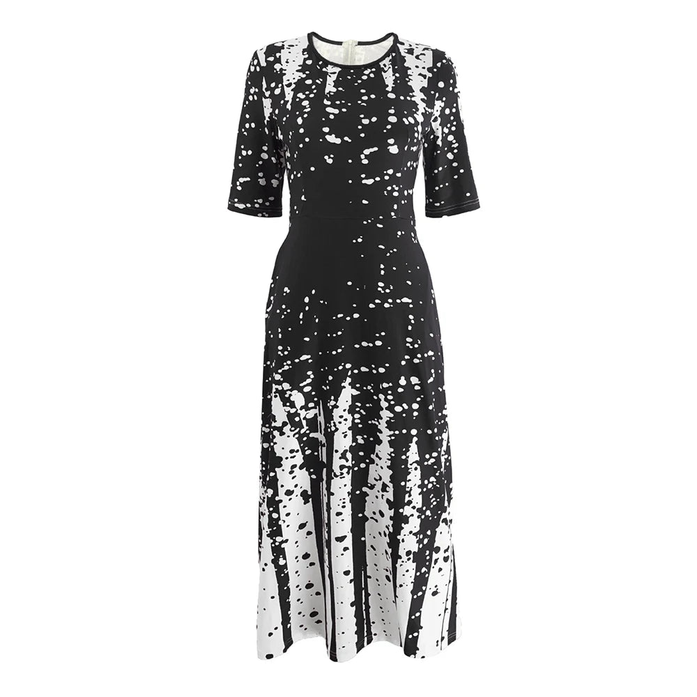 Women’s Elegant Long Party Dress 2024 – Loose Retro Printed Casual Dress with Round Neck & Short Sleeves
