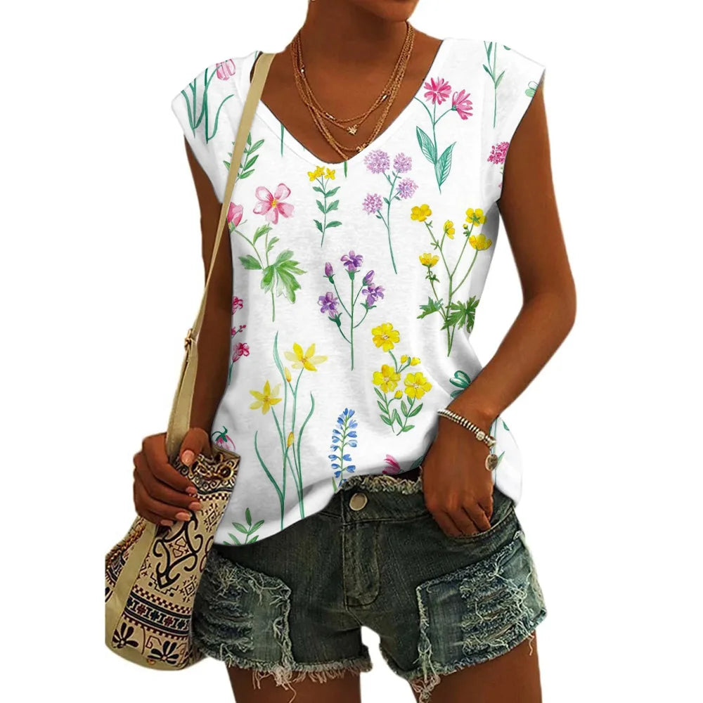 Women’s Floral Print T-Shirt - V Neck Cap Sleeve Loose Fit Summer Beach Top with Breathable Casual Style