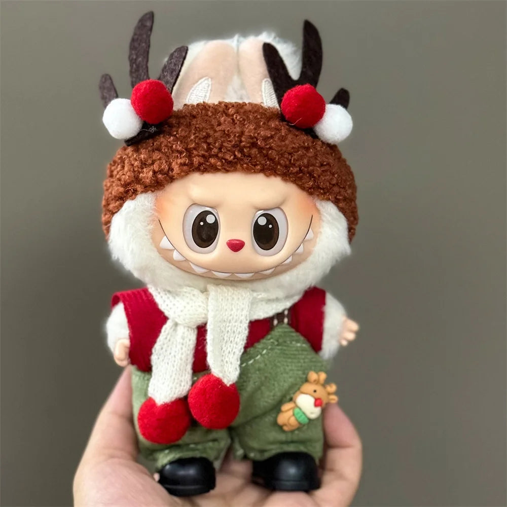 15–17cm Labubu Doll Clothes – Christmas Hat, Scarf & Elk Snowman Plush Outfit Set, New Year Gift