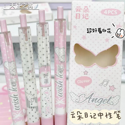 4-Piece Angel Wings Press Pen Set - Quick-Drying Black Ink Korean-Style Kawaii Pens for Students, Exams and Everyday Writing