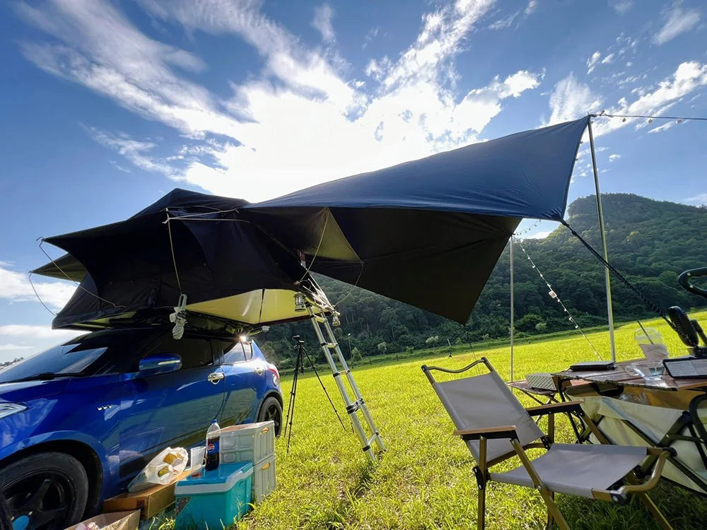 Manta Ray Car Side Awning – Black Coating Waterproof Tarp with Suction Cup Anchor for SUV Camping & Shade
