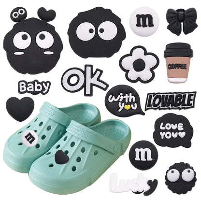 15PCS Cute Black & White Flower Shoe Charms – DIY Buckle Accessories for Boys & Girls Sandals