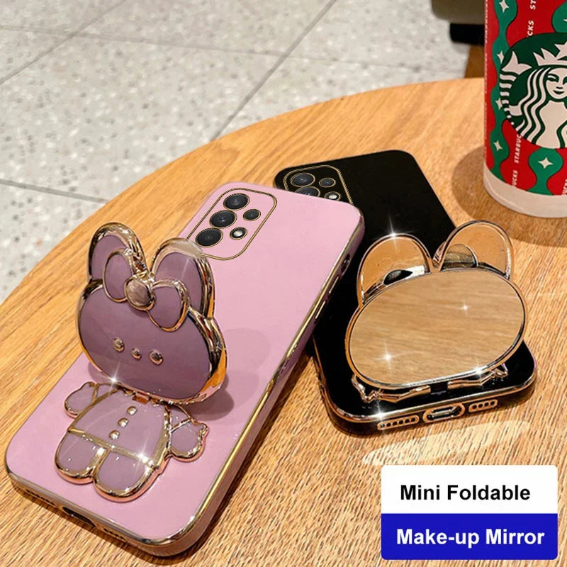 Cute Rabbit Phone Holder Case with Makeup Mirror – Compatible with Samsung Galaxy A13/A23/A32/A33/A52/A52S/A53/A72/A73 4G & 5G for Women