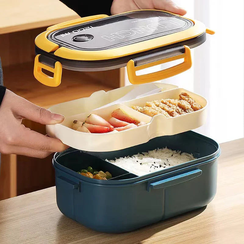 1200ML 2-Layer Bento Lunch Box with Spoon and Fork - High Capacity, Leakproof Microwave Food Container for Kids, Office and Camping