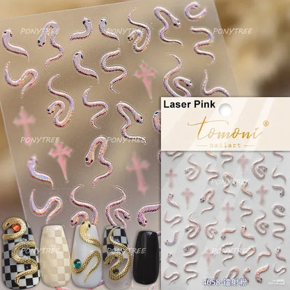 5D Gold Stamped Nail Art Stickers - Silver Sun Stars Snake Chinese Style Self-Adhesive Manicure Decals