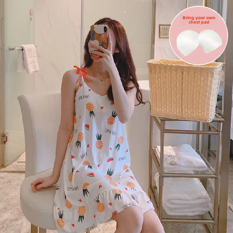 Women’s Cartoon Animal Pajama Set - Cute Loose Sling Nightgown with Bra Pad & Free Eye Mask for Sleepwear
