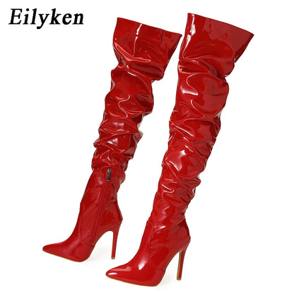 Eilyken Red Over-the-Knee Stiletto Boots for Women – Patent Leather Pointed Toe High Heel Zip-Up Shoes