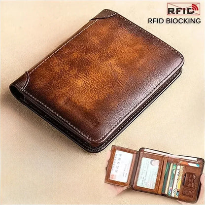Genuine Leather Men’s Wallet – RFID Blocking Trifold, Vintage Thin ID & Credit Card Holder, Multi-Function Purse