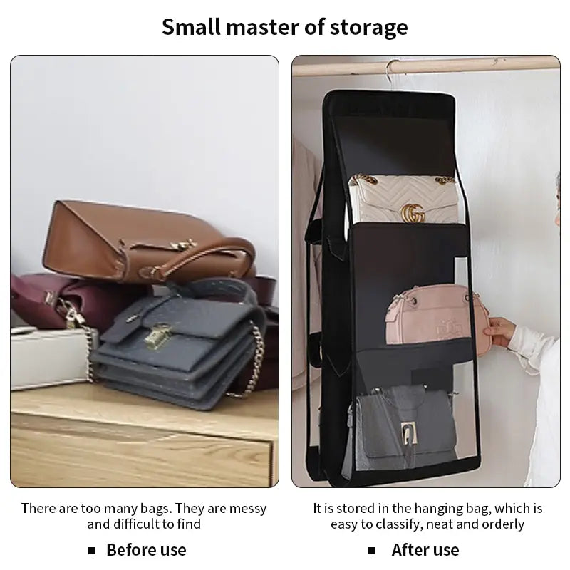Black Handbag Hanging Organizer – 6 Pocket Foldable Oxford Cloth Storage Bag for Closet and Bedroom