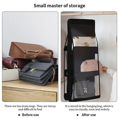Black Handbag Hanging Organizer – 6 Pocket Foldable Oxford Cloth Storage Bag for Closet and Bedroom