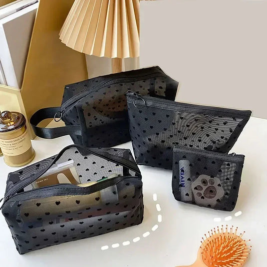 Nylon Mesh Heart-Shaped Cosmetic Bag — Zipper Toiletry & Makeup Organizer Pouch for Women, Multifunctional Lipstick, Key, and Coin Purse