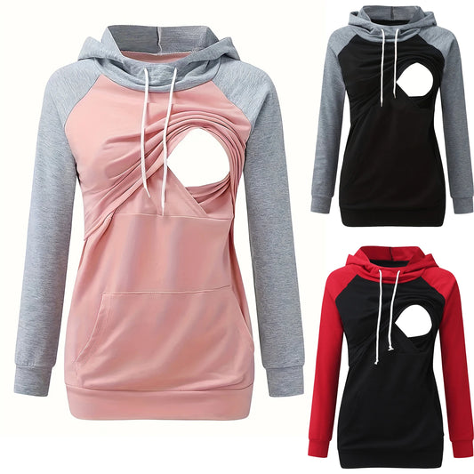 Women’s Maternity Nursing Hoodie – Long Sleeve Breastfeeding Sweatshirt with Kangaroo Pocket for Pregnancy & Postpartum Wear